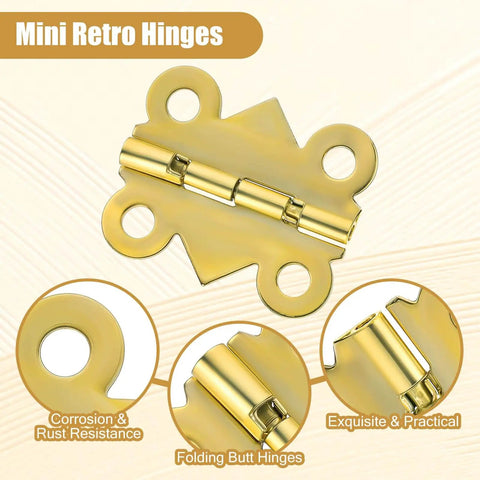 Stainless Steel Tiny Box Hinges 15 Piece Set With 60 Screws Vintage Gold Folding Cabinet Hinges for small boxes and crafts.