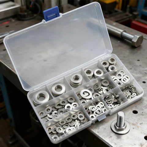 Aienxn 550pc flat washers assortment kit in a clear plastic case; stainless steel washers in 12 SAE sizes