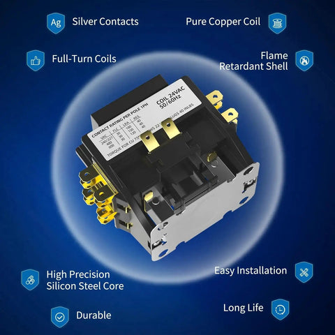 24 VAC 2-Pole 40 Amp HVAC Contactor with silver alloy contacts and heavy duty silicon steel core in flame retardant housing.