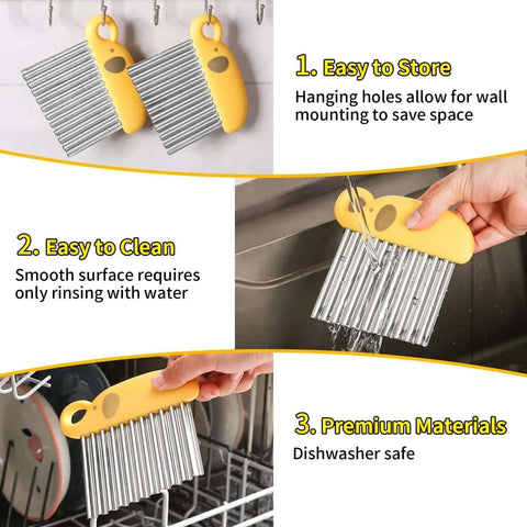 Stainless steel elephant handle crinkle cutter pictured hanging, being cleaned, and in a dishwasher