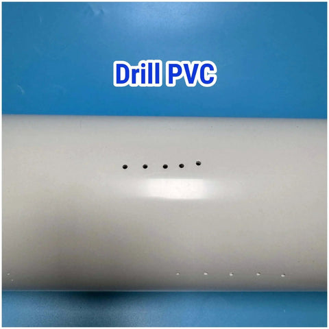 Close-up of drilled PVC pipe with multiple small holes, demonstrating the use of diamond drill bits for precise work.