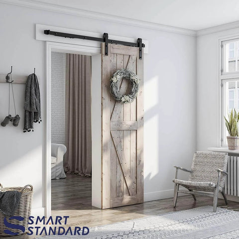 Sliding Barn Door Hardware Kit With Soft Close For 5 To 10 Ft Doors, installed in minimalist living room, J Shape track