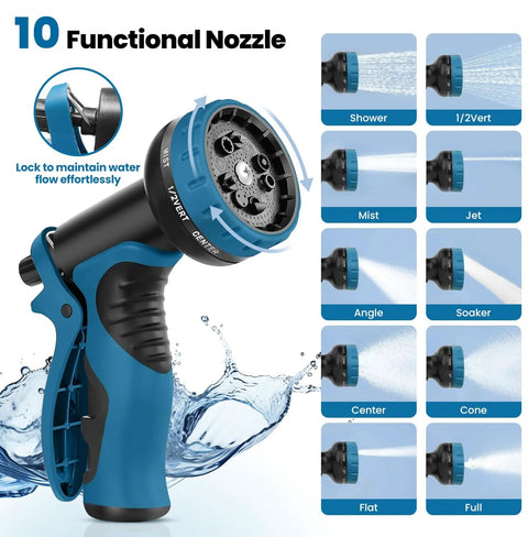 Garden hose nozzle blue and black with 10-function dial; shows spray patterns such as Shower, Mist, Jet; leak-proof connectors.