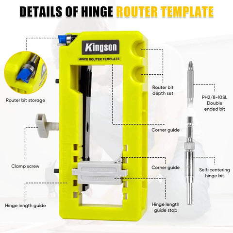 All In One Door Hinge Mortiser And Router Template Kit For 3 To 5 Inch Hinges With One Quarter Or Five Eighths Inch Thickness, Easy To Use Hinge Installation Jig For Square And Round Corner Doors, Produces Clean Mortises, Quick Setup, And Pro Level Fit with router bits and guide features