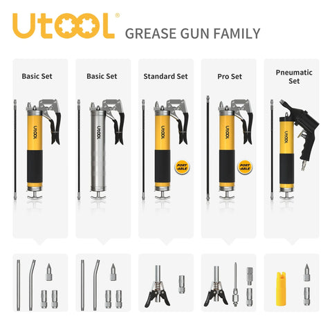 UTool grease gun family display: yellow and black pistol grip kits with 14 oz capacity and 18-inch resin hose.