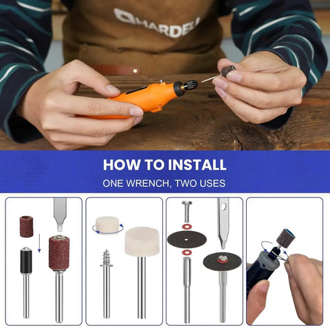 Must-Have Rotary Tool Bits Kit For Dremel And Other Brands, 508-Piece Universal Set showcasing tool installation process.