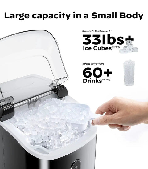Countertop Nugget Ice Maker With Self Cleaning Function Fast 33 Lbs Per Day with transparent lid and scoop