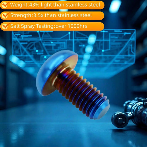 Lightweight Titanium Bolts M5x12mm Set For Bikes showing weight, strength, and corrosion resistance with burnt blue finish