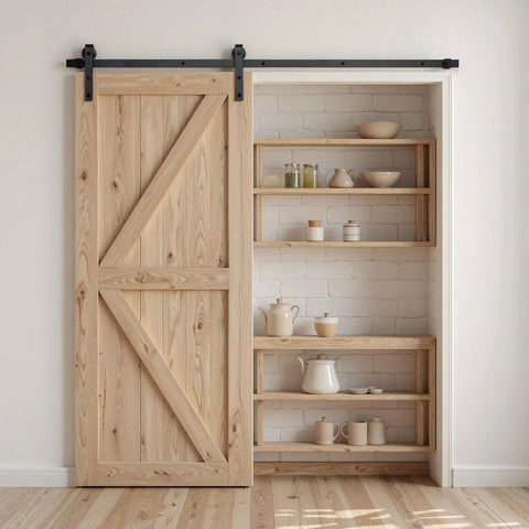 Heavy Duty Sliding Barn Door Hardware Kit for 36 to 40 Inch Doors, 330 Lbs Capacity, installed on wooden pantry door