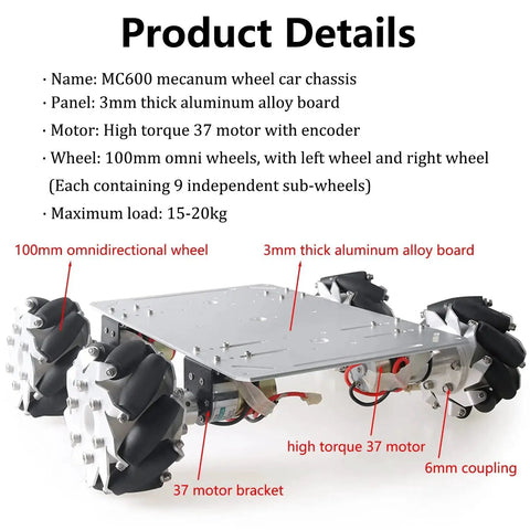 100mm Mecanum Wheel 4WD metal car chassis kit with omnidirectional wheels, high-torque 37 encoder DC motors for Arduino projects