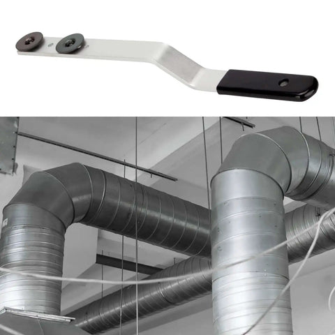 Sixteen Inch Duct Stretcher With Offset Handle For Ductwork And Sheet Metal shown with industrial HVAC ducts