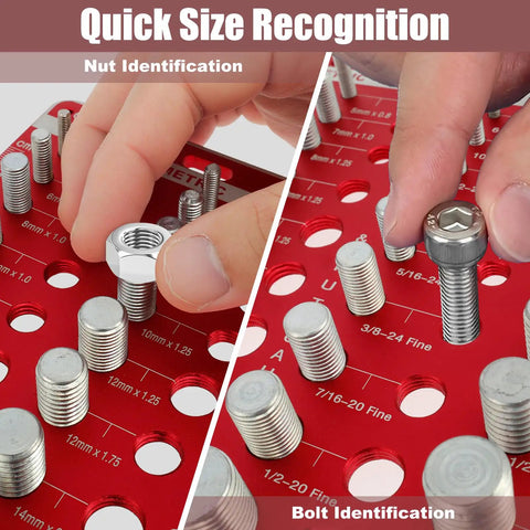 Pro Grade Aluminum Bolt Nut Gauge Kit With 34 Size Thread Checker And Ruler For Plumbers Machinists And Handymen High Precision CNC Alloy Tool For Workshop Garage showcasing nut and bolt identification on a red threaded checker.