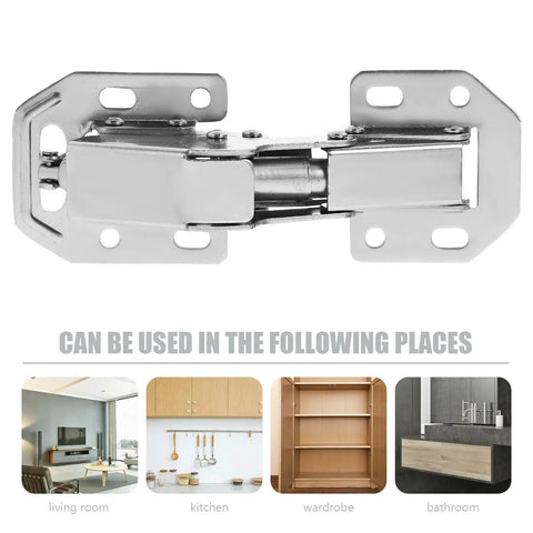 Heavy Duty Hydraulic Screw Hinges For Kitchen Cabinets Wardrobe Cupboard Doors With Soft Close And High Load Bearing Capacity Two Pack Easy Installation Bracket Screws Included For Quick Mounting And Long Lasting Performance, hinge displayed against a white background above usage examples in living room, kitchen, wardrobe, and bathroom.
