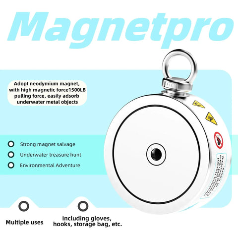Dual Sided 3000LB Neodymium Magnet Fishing Kit Rope Hook Carry Case with high-grade round magnet and eyelet.