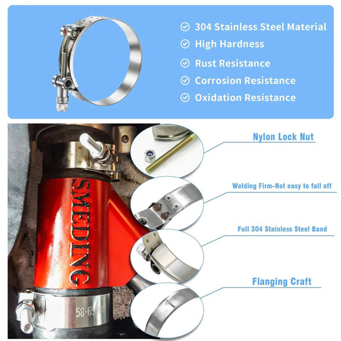 12 Piece Peromi T Bolt Radiator Hose Clamp Set Heavy Duty Stainless Steel Clamps In Six Sizes shown clamping red intercooler hose.