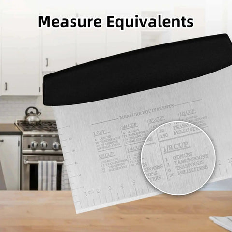2 Pack 6 Inch Stainless Steel Bench Scrapers With Measuring Scale Dough Scraper And Pastry Chopper showing measurement equivalents