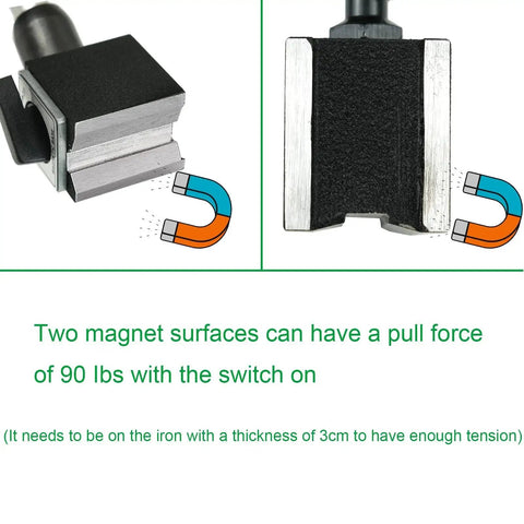 Ultra Precise Dial Test Indicator With Magnetic Base Stand showing magnet surfaces, pull force of 90 lbs, suited for machining.