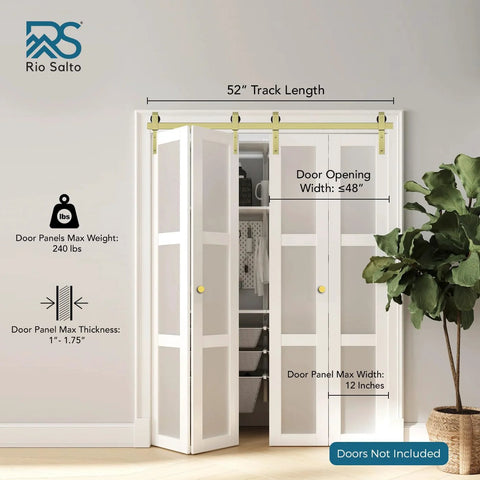 Gold Bi Fold Barn Door Hardware Kit With Heavy Duty Metal Track System And Matching Knobs installed, no doors included