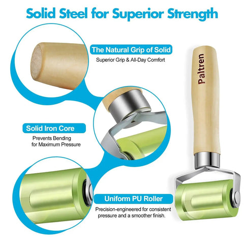 Diagram of Seam Roller With Dual Ball Bearings for Professional Application, showing wood handle, solid iron core, and uniform PU roller.