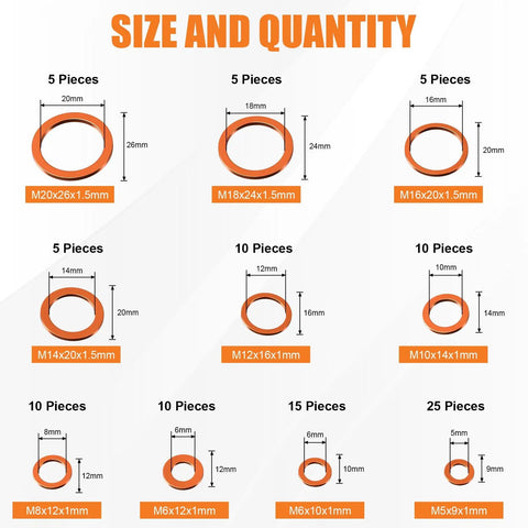 Copper Washer Kit 100 Pcs Ten Sizes From M5 To M20 Premium Copper Crush Gasket Assortment For Automotive Plumbing Electrical And Mechanical Sealing And Oil Drain Plug Projects Keeps Your Fasteners Tight And Leaks Free.