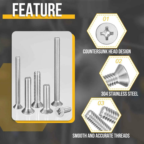 100 Pack M3 Flat Head Machine Screws feature, highlighting countersunk design, 304 stainless steel, and accurate threads.