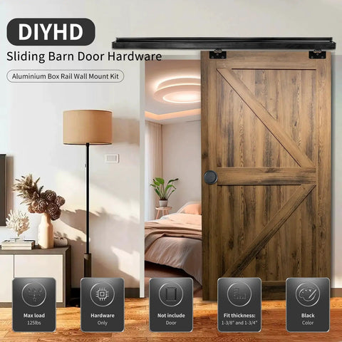 Interior Box Rail Sliding Door Hardware Kit for Wood Doors, wall-mounted aluminum alloy track, black finish, installed view.