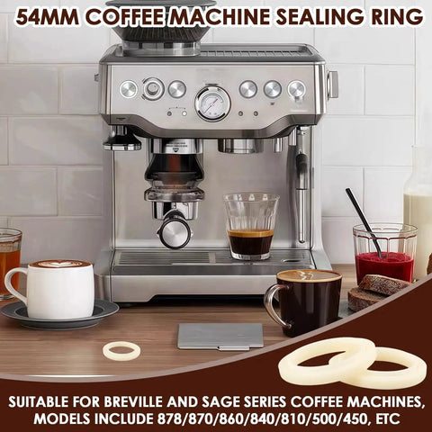 Espresso machine on a countertop with 54mm silicone steam ring gaskets suitable for Breville and Sage models, preventing leaks.