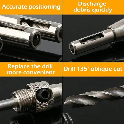 Close-up of Eight Piece Center Drill Bit Set For Woodworking And Cabinet Doors, Self Centering Hinge Tapper Core Hole Puncher features.
