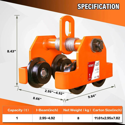 Specifications diagram of 1 Ton Beam Trolley With Dual Wheels Adjustable I Beam Flange 3 To 5 Inches Manual Push Track Roller Hoist