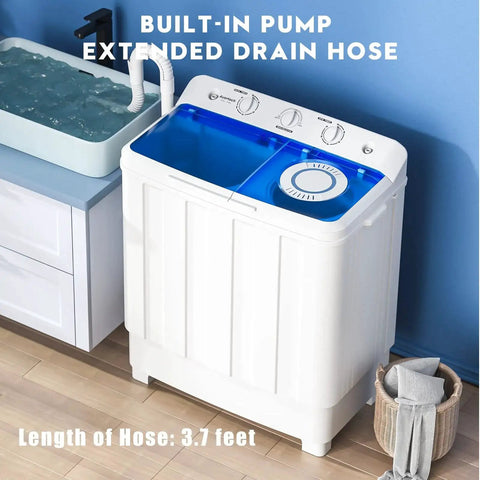 Portable Twin Tub Washing Machine With Spin Dryer Drain Pump For Dorms RVs shown next to a sink with extended drain hose.