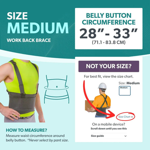Front view of a medium work back brace with removable suspenders; gray belt over a neon-green shirt, size-chart graphic.