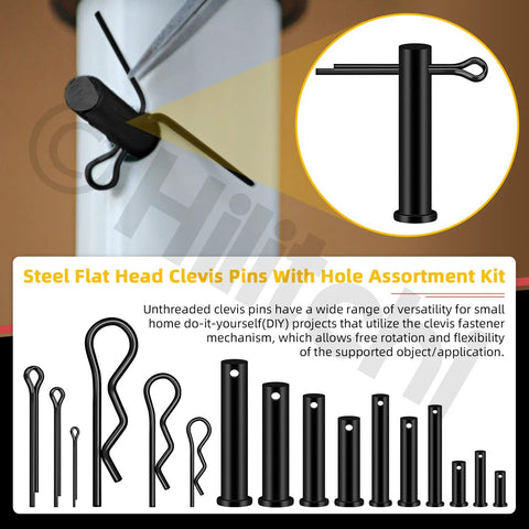 100 Piece Clevis Pins Kit With 10 Sizes M5 M6 M8 M10 M12 Plus Cotter Pins And Hair Pins, Zinc Plated Steel Flat Head Single Hole Clevis Pins displayed.