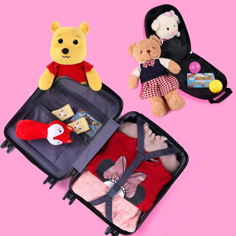 Unicorn Kids Luggage Set For Girls With 18 Inch Hard Shell Carry On and Backpack, open with packed clothes and toys on pink background
