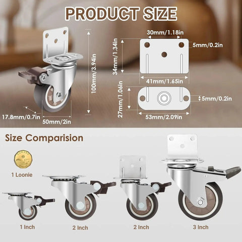 Diagram of 2 Inch L Shaped Side Mount Caster Wheels Set Of 4 With 360 Degree Swivel Ball Bearings Silent TPR Rubber Casters