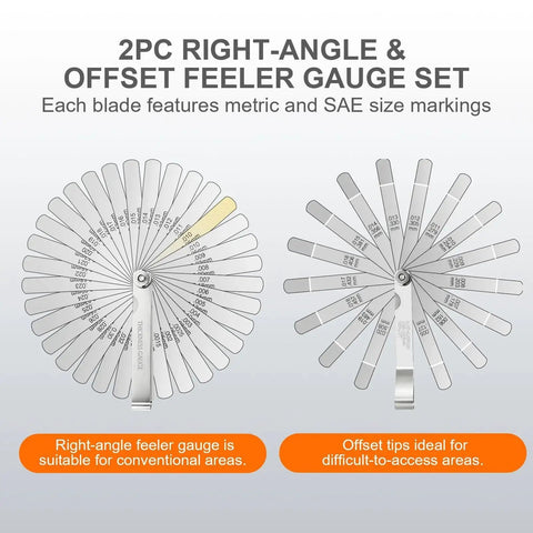 Stainless Steel Feeler Gauge Set With 32 Straight Blades And 16 Angled Blades For Precise Gap And Thickness Measurement And Stackable Blades For Readings Pro Grade For Guitar Setup Spark Plugs Valves Piston Clearance And Auto Marine DIY Projects.