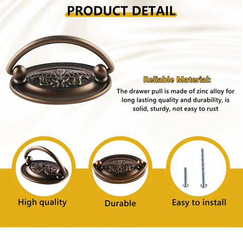 Vintage Oval Drop Swing Drawer Pulls in Antique Brass, Zinc Alloy Hardware, product detail view, includes screws