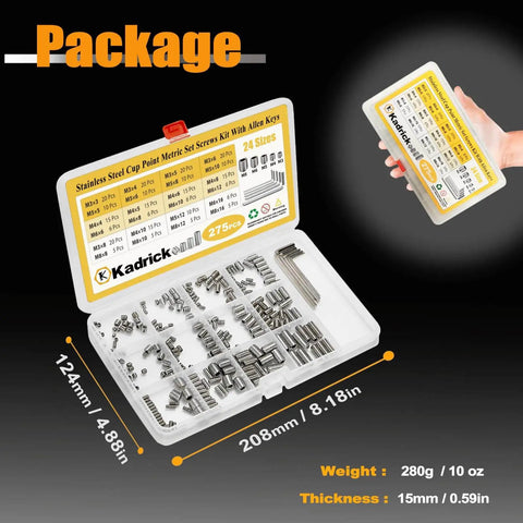 304 Stainless Steel Set Screws Kit With 275 Pcs, Metric M3 To M8, 3mm To 16mm Lengths, 24 Sizes, package view with labeled box