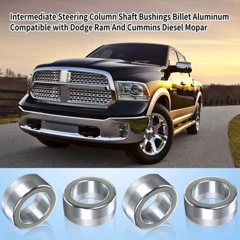 4 Pack Billet Aluminum Steering Shaft Bushings For Dodge Ram Cummins Mopar shown with Dodge Ram truck and bushings close-up