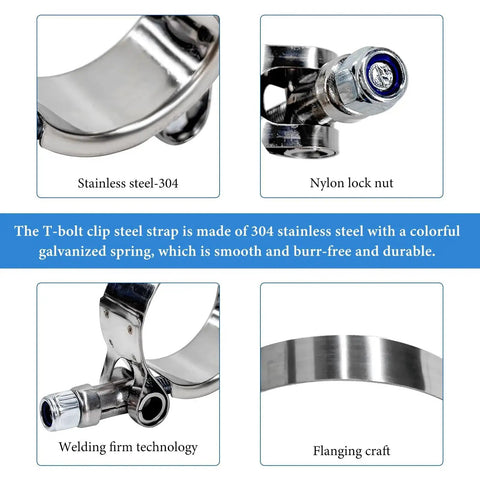 Close-up of 4 Pack Stainless Steel T-Bolt Hose Clamp Set for 3 inch hoses, showcasing nylon lock nut and durable welding finish.