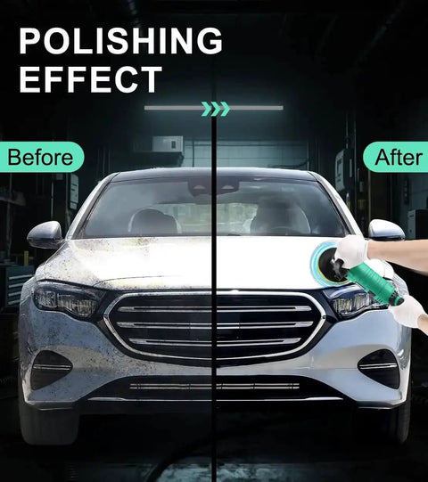 1600W Car Buffer Polisher With 7 Inch And 6 Inch Pads used on car hood, showing before and after polishing effect.
