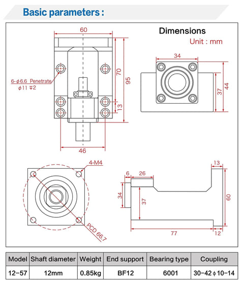 Technical diagram of Tough As Nails Nema23 Stepper Motor Steel Mounting Bracket with BK12 Bearing End and Integrated Motor Mounts.
