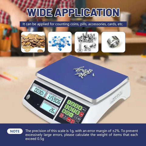 Heavy Duty Digital Counting Scale 30Kg 66Lb With Zero Point One Gram Precision for coins and parts, shown with blue tray in use.