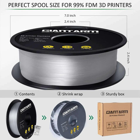 Clear PETG Filament 1.75mm 1kg Spool For 3D Printing, Crystal Clear And Tough, Vacuum-Sealed Packaging, Spool Dimensions