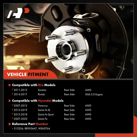 Rear Wheel Bearing And Hub Assembly Five Lug For AWD Hyundai Santa Fe 2007 To 2020 Veracruz 2007 To 2012 Sorento 2011 To 2015 Rondo 2014 To 2017 Replacement Heavy Duty Durable Performance product shown installed on vehicle axle.