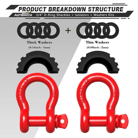 Heavy Duty Three Quarters Inch D Ring Shackle Set, 2 Pack, 41,887 Lbs Break Strength, Seven Eighths Inch Screw Pin, Shackle Isolator Washers Kit For Tow Strap Winch Off Road Recovery Red breakdown image showing washers and shackle components.