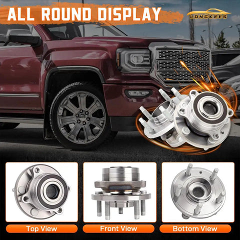 Two Piece Rear Wheel Hub Assembly Pair For AWD 2013 2018 Escape And 2015 2019 MKC Direct Replacement For OE 512500 Splined Center With Easy Bolt On Install displayed in front, top, and bottom views.