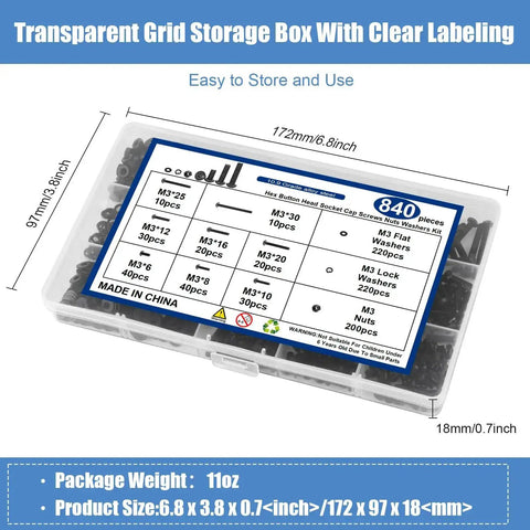 All In One M3 Screw Kit With 840 Pieces Of Socket Head Screws Nuts Washers And Wrench Including 8 Sizes From 6Mm To 30Mm Ten Point Nine Grade Alloy Steel Black Zinc Plated With Durable Storage Box, shown in clear labeled box.