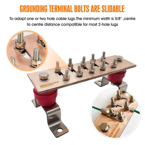 Heavy Duty Copper Ground Bus Bar Kit 7.88 Inch By 2.36 Inch By 0.157 Inch with adjustable terminal bolts, includes brackets and insulators.