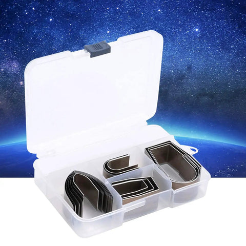 18 Piece Leather Craft Embossing Punch Set Kit With Pro Grade Alloy Steel Tools for DIY projects, shown in open storage case with parts visible.