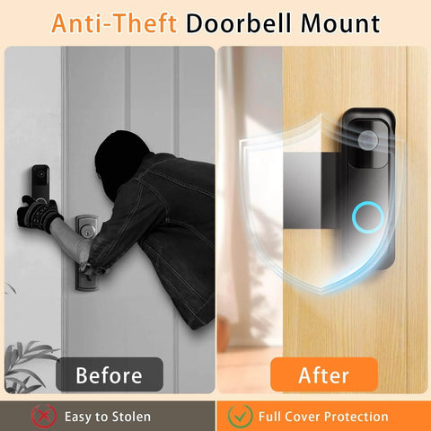 Comparison of video doorbell before and after using Anti Theft Doorbell Mount Bracket For Outdoor Cameras With Rain Cover, No Drill Install.